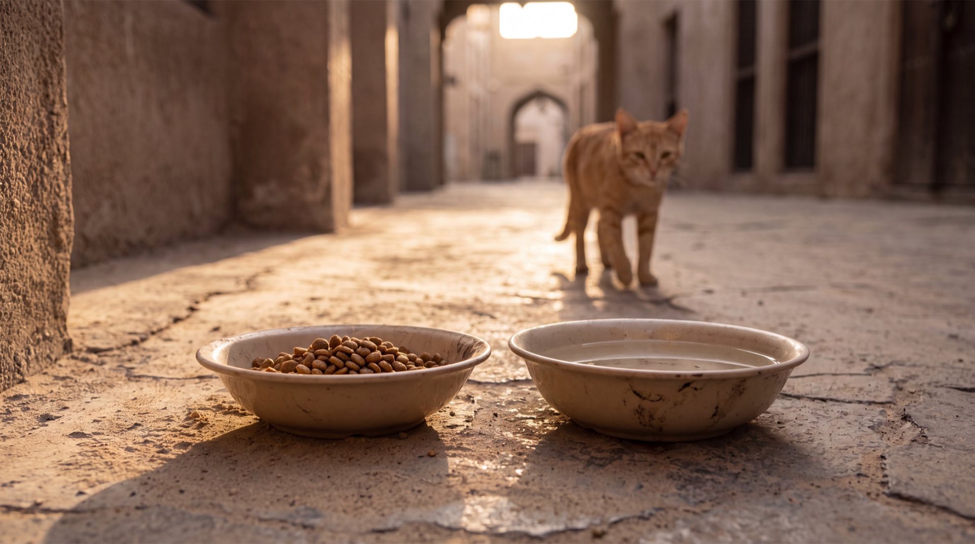 Food and water bowls left out for street cats in Dubai at golden hour