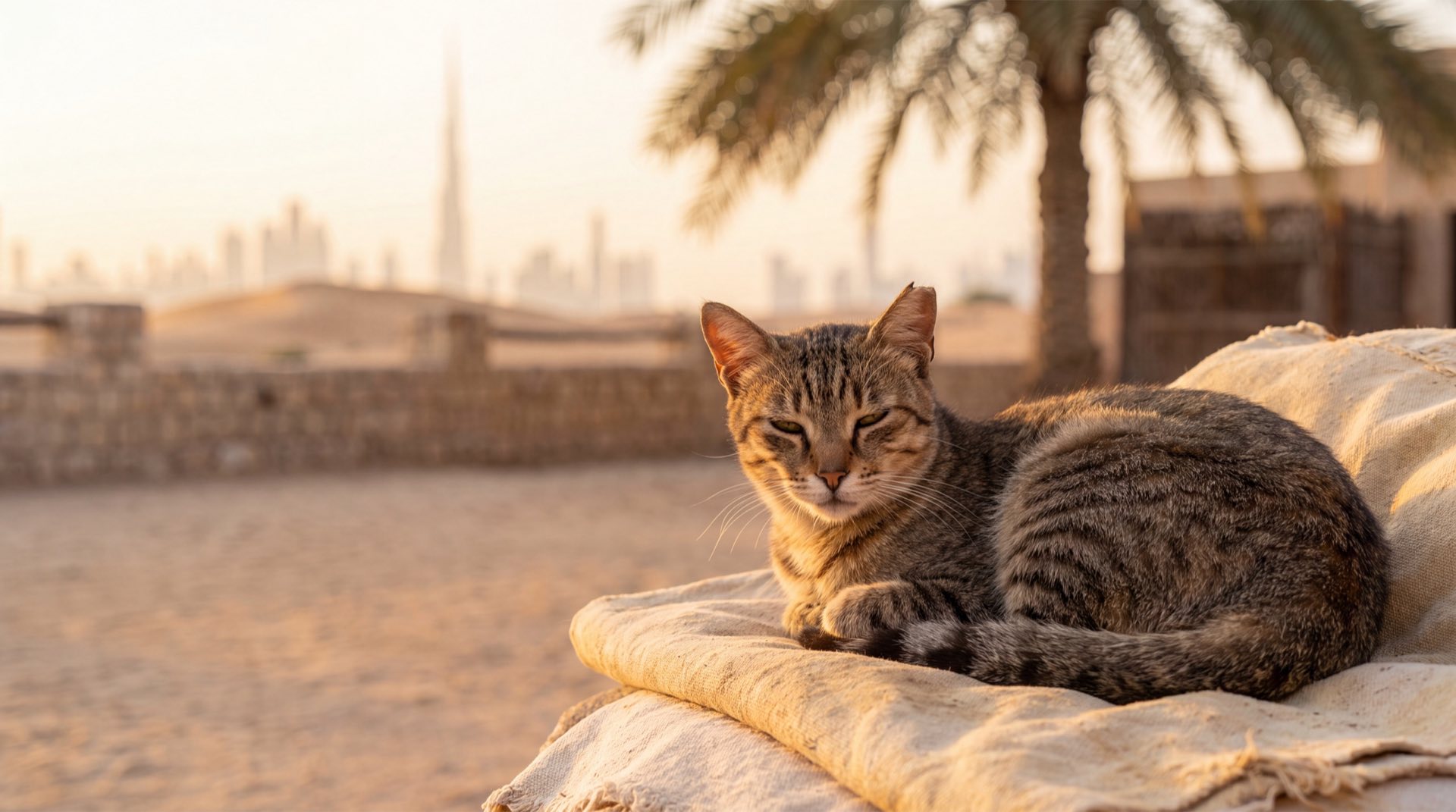 Rescued tabby cat resting at golden hour in Dubai