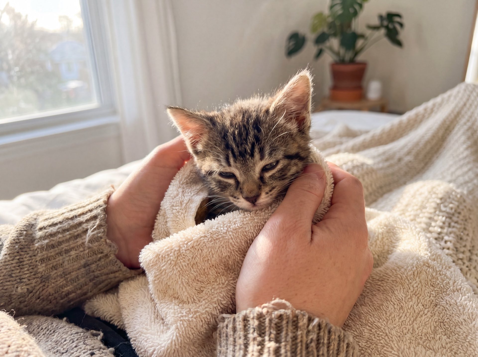 A rescued kitten cradled gently in a towel